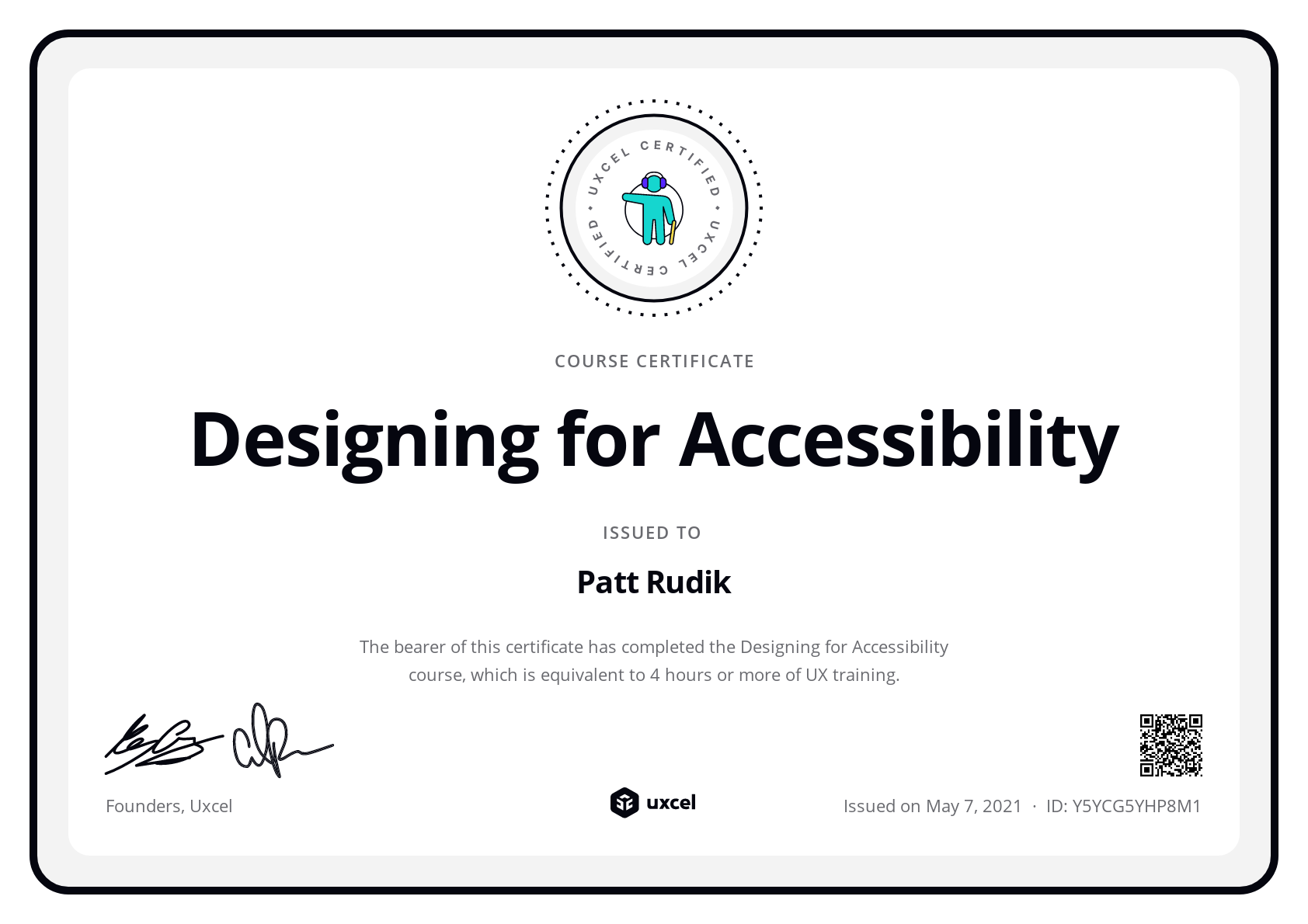 Patt Rudik's certificate